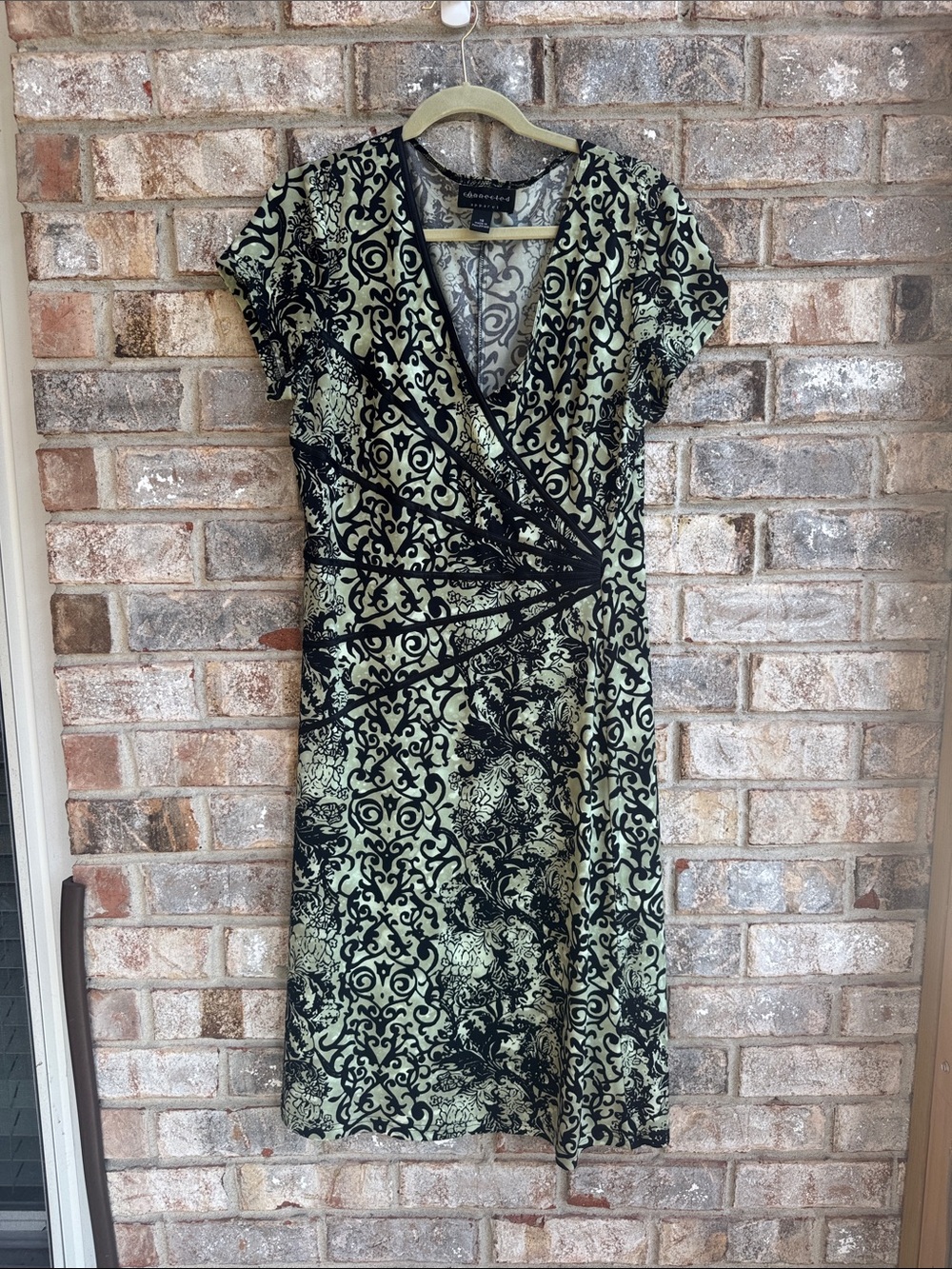 connected apparel Sage and Black Printed Wrap-Style Dress